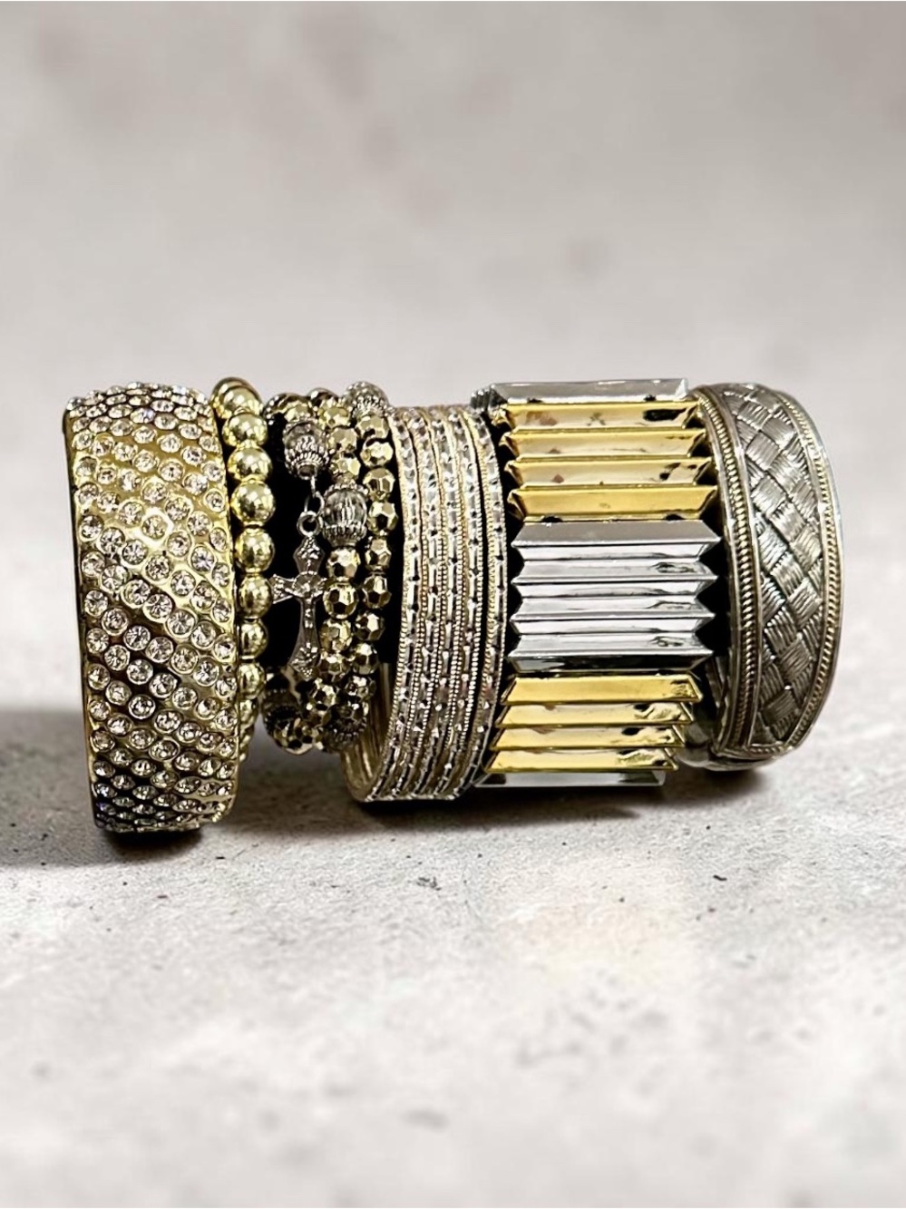 Custom Mixed Metal Bracelet Stack Gold Silver Textured Rhinestone Cuff Stretch